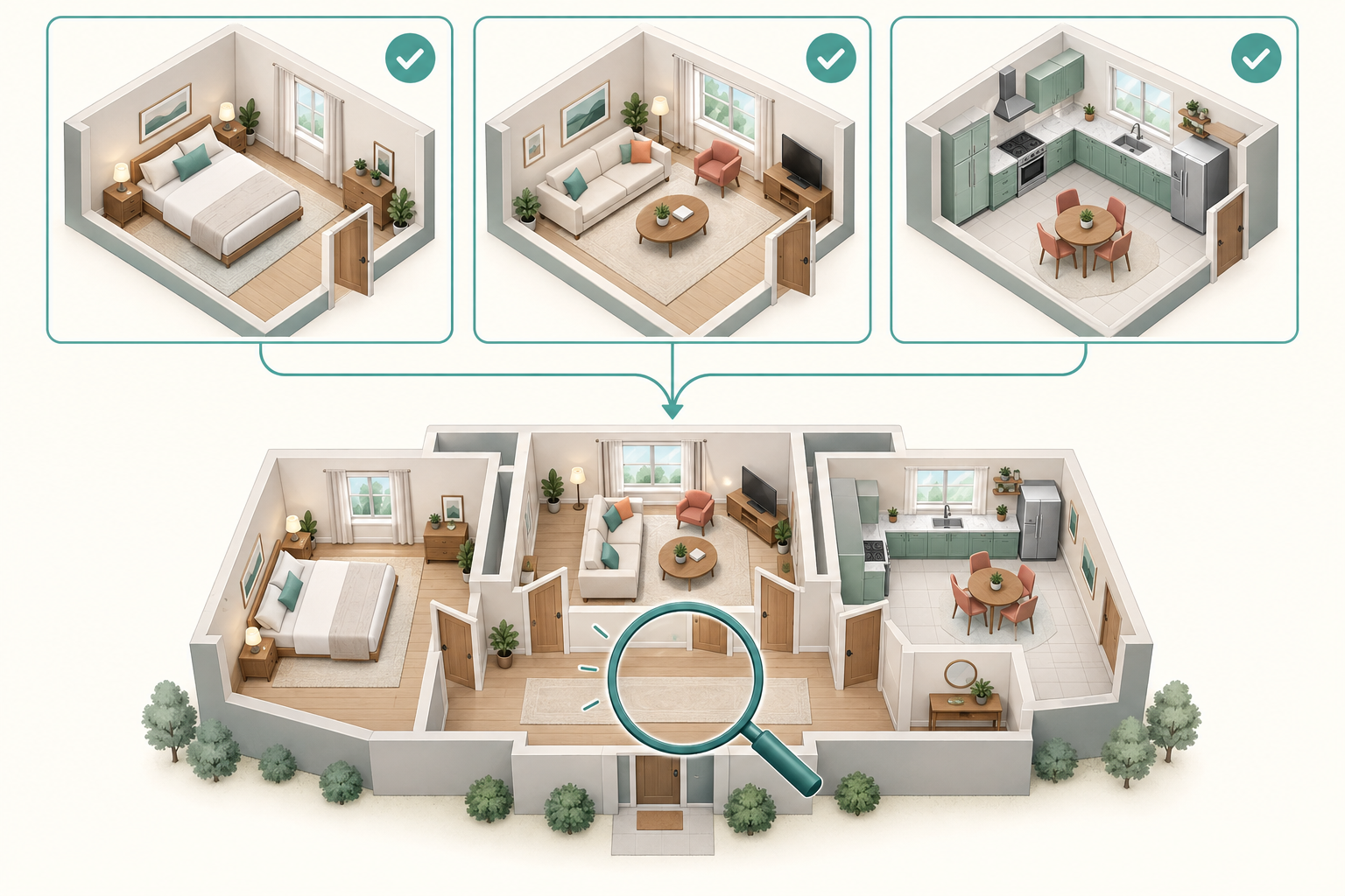 Each room has its own checks, followed by a check of the complete project. Conceptual ImageGen illustration.